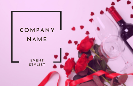 Event Stylist Ad with Bottle of Red Wine and Bouquet of Roses Business Card 85x55mm Design Template