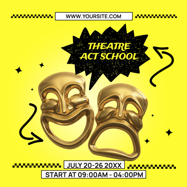 Theater School Advertising with Masks on Yellow Instagram ADデザインテンプレート