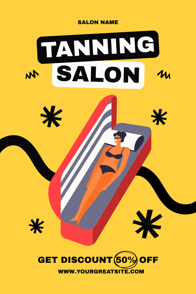 Announcement Discounts on Services Tanning Salon on Yellow Pinterest Design Template