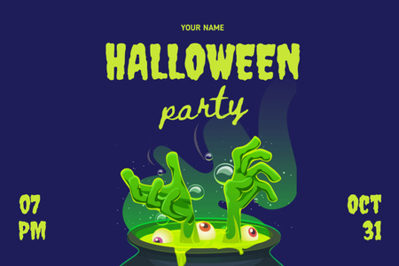 Halloween Party Announcement with Potion in Cauldron Flyer 4x6in Horizontal Design Template