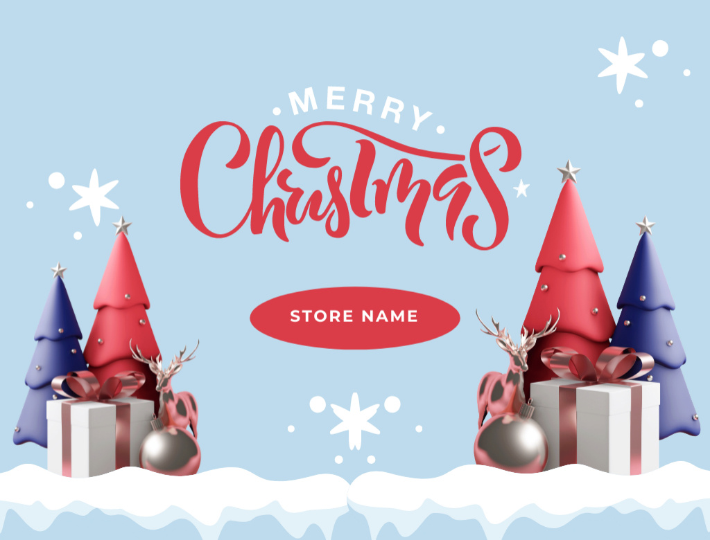 Ontwerpsjabloon van Postcard 4.2x5.5in van Christmas Greeting with Trees and Reindeers on Snow