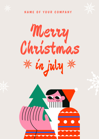 Χριστούγεννα τον Ιούλιο με το κορίτσι κινουμένων σχεδίων και το χριστουγεννιάτικο δέντρο Flyer A6 Πρότυπο σχεδίασης