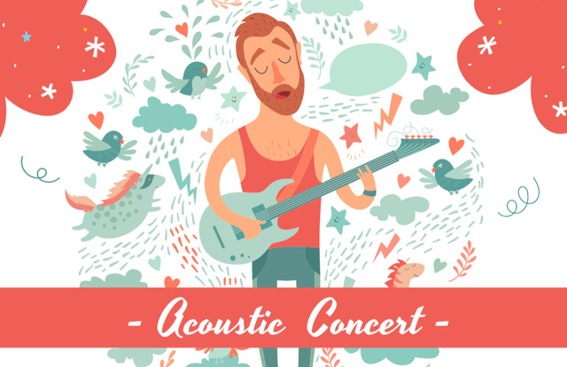Acoustic Concert Announcement with Cartoon Guitarist Business Card 85x55mm Modelo de Design