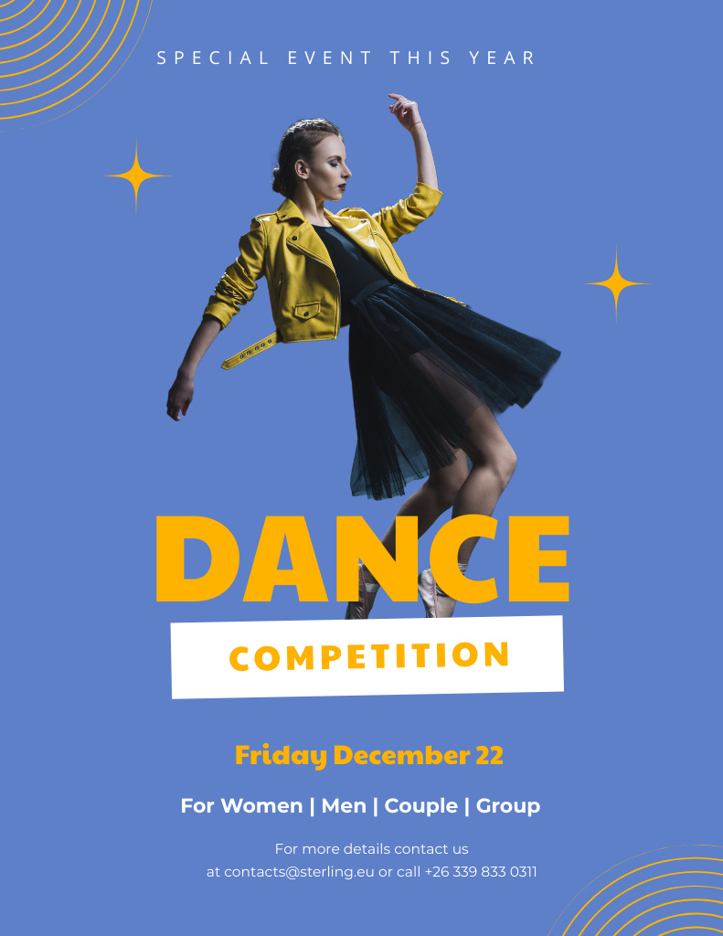 Dance Contest Ad with Young Woman on Blue Flyer 8.5x11inデザインテンプレート