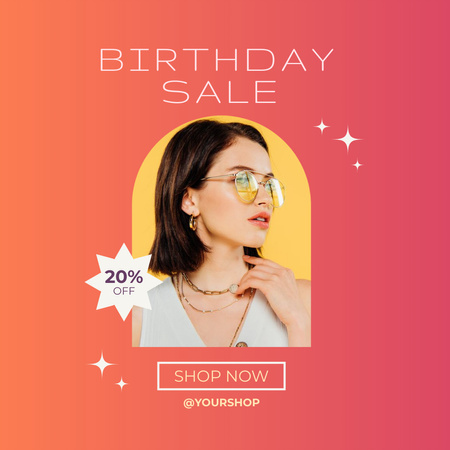 Birthday Sale Ad with Woman in Stylish Accessories Instagram Design Template