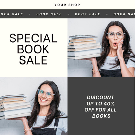 Designvorlage Book Special Sale Announcement with Attractive Brunette in Glasses für Instagram