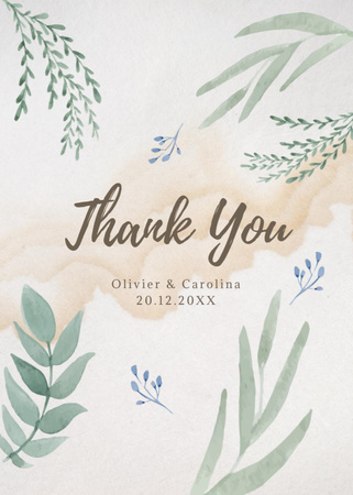 Personal Thank You Message with Watercolor Leaves Postcard 5x7in Vertical Design Template
