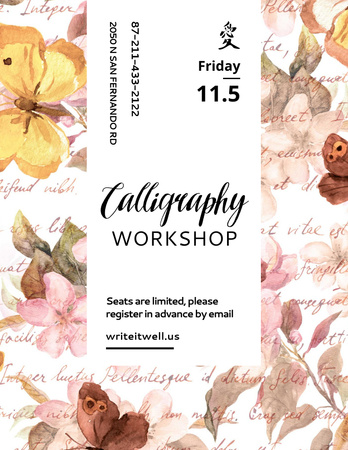 Designvorlage Calligraphy Workshop Announcement Watercolor Flowers für Flyer 8.5x11in