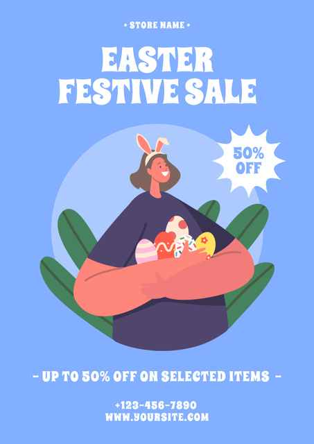 Easter Promotion with Woman Holding Pile of Painted Eggs Poster Design Template