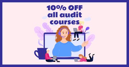 Ontwerpsjabloon van Facebook AD van audit cursussen aanbod met vrouw op laptop scherm
