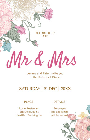 Ontwerpsjabloon van Invitation 5.5x8.5in van Dinner with Newlyweds Rehearsal Announcement With Roses