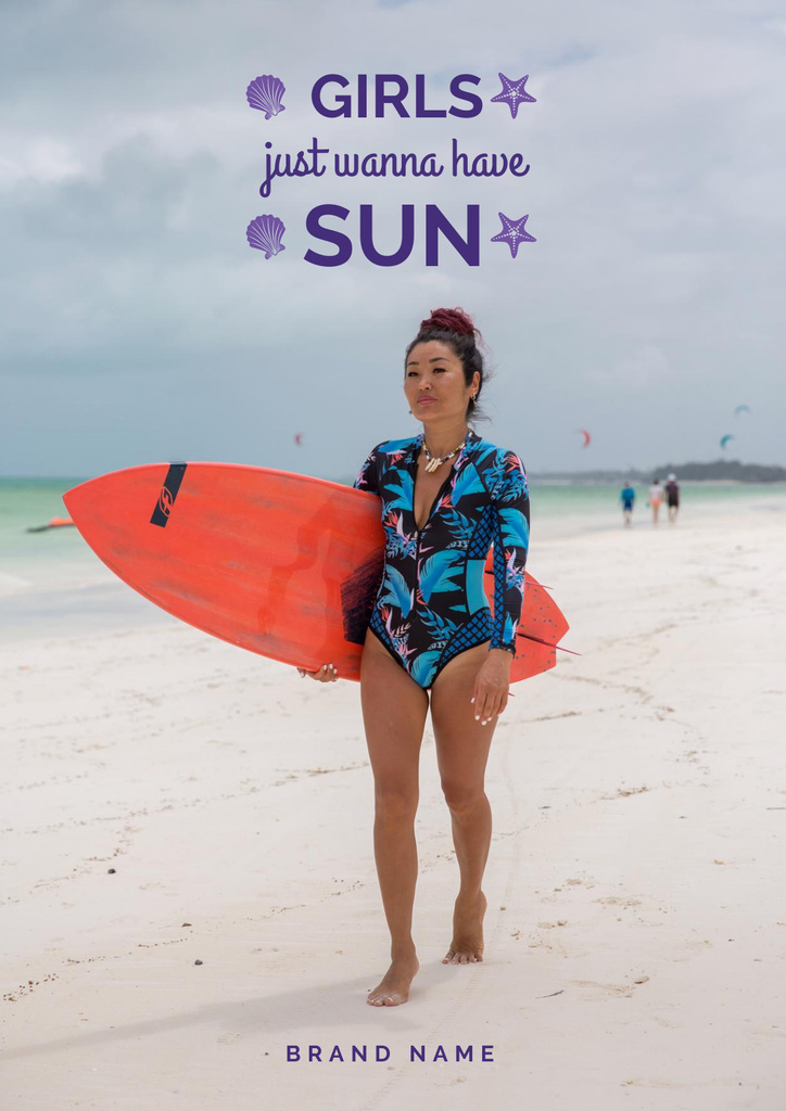 Plantilla de diseño de Young Woman with Surfboard Poster 