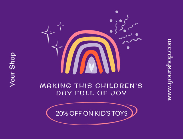 Plantilla de diseño de Children's Day Offer with Rainbow in Purple Postcard 4.2x5.5in 