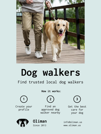 Designvorlage Dog Walking Services with Man with Golden Retriever für Poster US