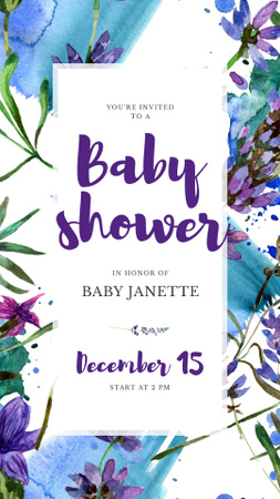 Baby Shower Invitation Watercolor Flowers in Blue Instagram Story Design Template