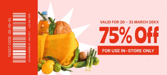 Food Store Promotion with Assorted Grocery Products Coupon 3.75x8.25in Šablona návrhu