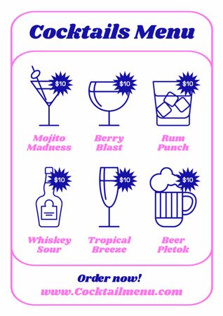 Template di design Lista di assortimento di cocktail Menu