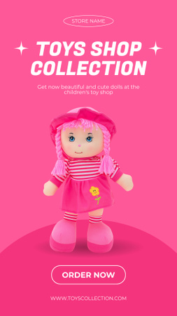 Oferta de loja de brinquedos infantis com linda boneca rosa Instagram Story Modelo de Design