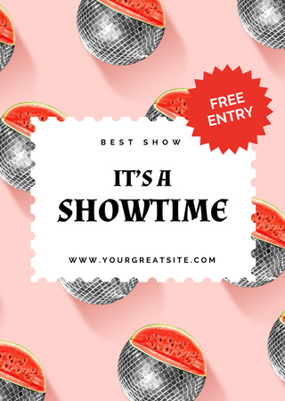Showtime Announcement with Watermelon Disco Ball Flyer A6 Design Template