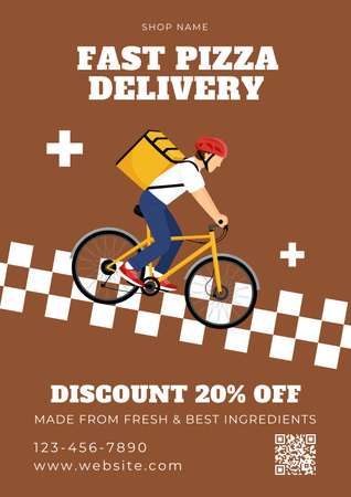Discount on Fast Pizza Delivery with Bicycle Courier Poster Design Template