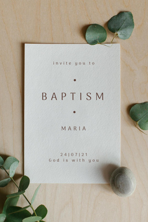 Child's Baptism Announcement with Green Plant Leaves Invitation 6x9in Design Template