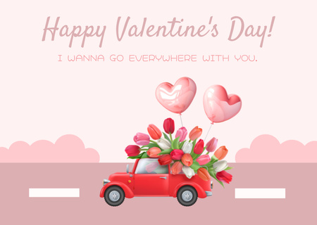 Platilla de diseño Valentine's Day with Retro Car Carrying Tulips in Pink Card