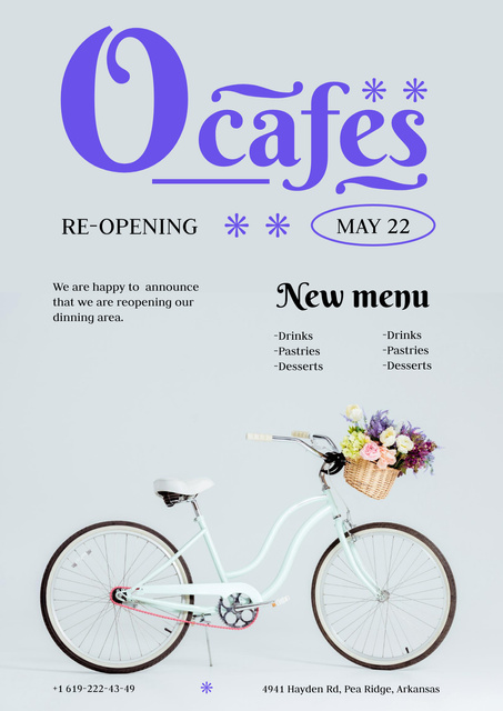 Cafe Opening Announcement with Cute Bike Poster Design Template