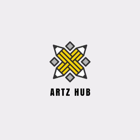 Arts Hub Ad with Crossed Pencils in Yellow Animated Logo Design Template