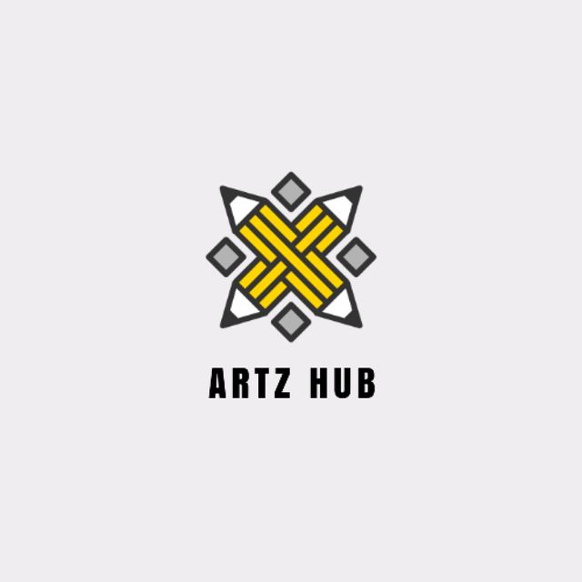 Arts Hub Ad with Crossed Pencils in Yellow Animated Logoデザインテンプレート