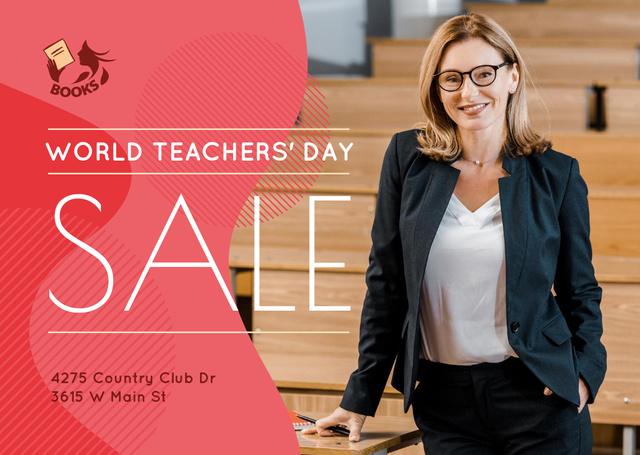 Modèle de visuel World Teachers' Day Sale Announcement with Confident Woman in Classroom - Card