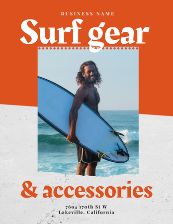 Designvorlage Surfausrüstung-Verkaufsangebot mit Mann, der Surfbrett hält für Poster 8.5x11in