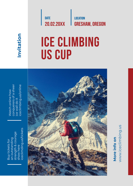Platilla de diseño Tour Offer with Climber Walking on Snowy Peak Invitation