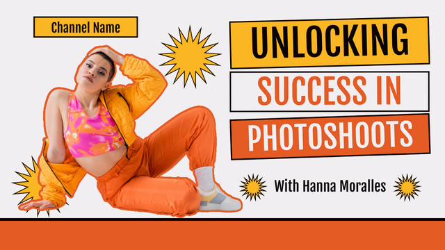 Young Woman in Bright Outfit at Photo Shoot Youtube Thumbnail Design Template