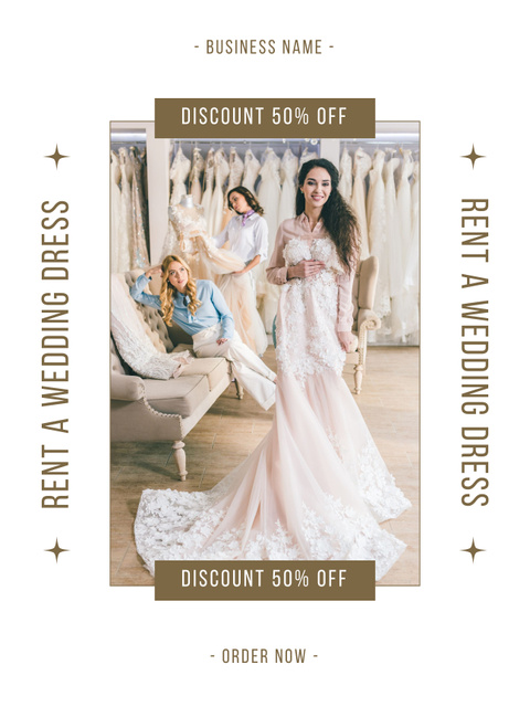 Beautiful Bride Trying on Dress in Bridal Boutique Poster US Design Template