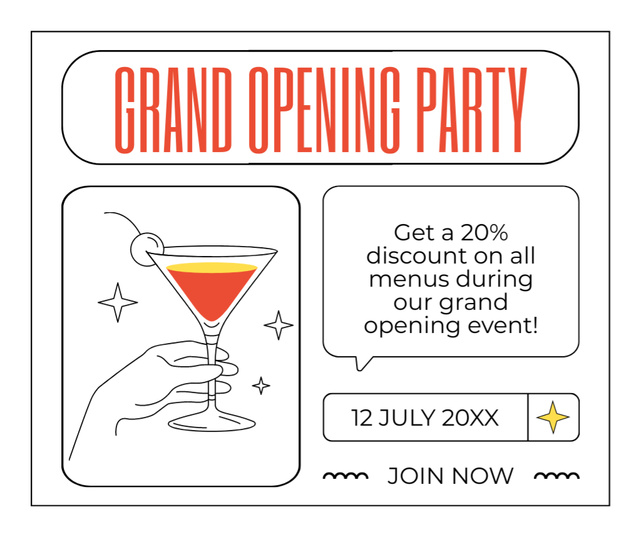 Grand Opening Party With Discount On Dishes And Drinks Facebook Modelo de Design
