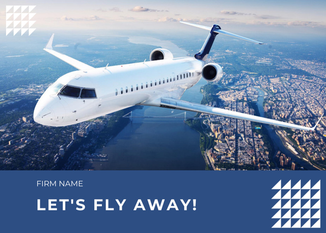 Company's Plane Flying In The Sky With Cityscape View Postcard 5x7in Design Template