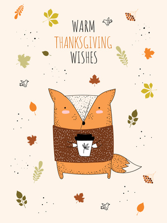 Thanksgiving Holiday Wishes with Fox holding Cup Poster USデザインテンプレート