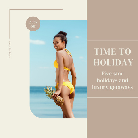 Beautiful Woman Holding Pineapple on Beach Animated Post Design Template
