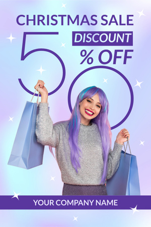 Hymyilevä nainen, jolla on violetit hiukset, pitelee ostoskasseja Pinterest Design Template