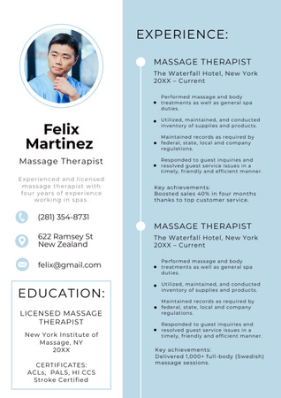 Professional Massage Therapist Skills and Experience Resume Design Template
