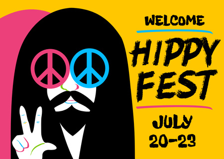 Summer Hippy Festival Announcement With Peace Sign Postcard Design Template