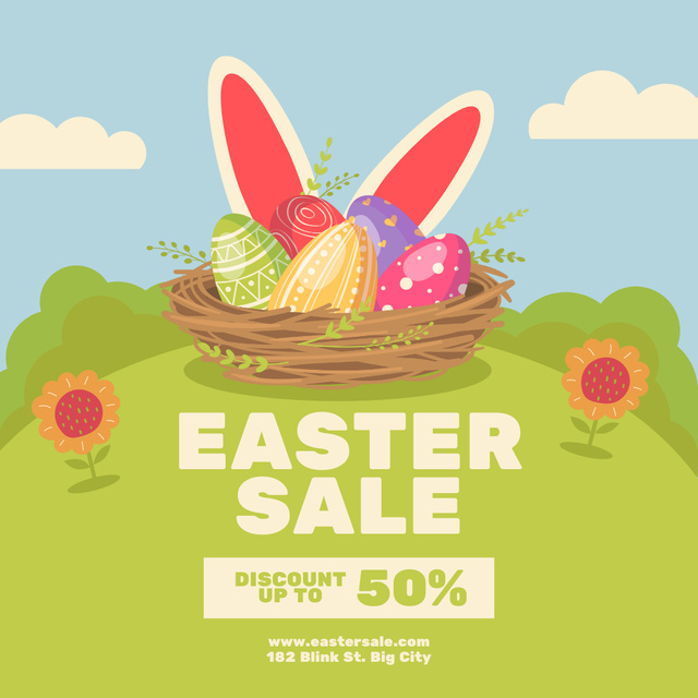 Easter Sale Announcement with Wicker Basket Full of Colored Eggs Instagram Design Template