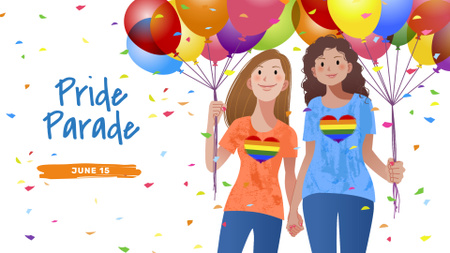 Anúncio da Parada do Orgulho LGBT com casal LGBT segurando balões FB event cover Modelo de Design
