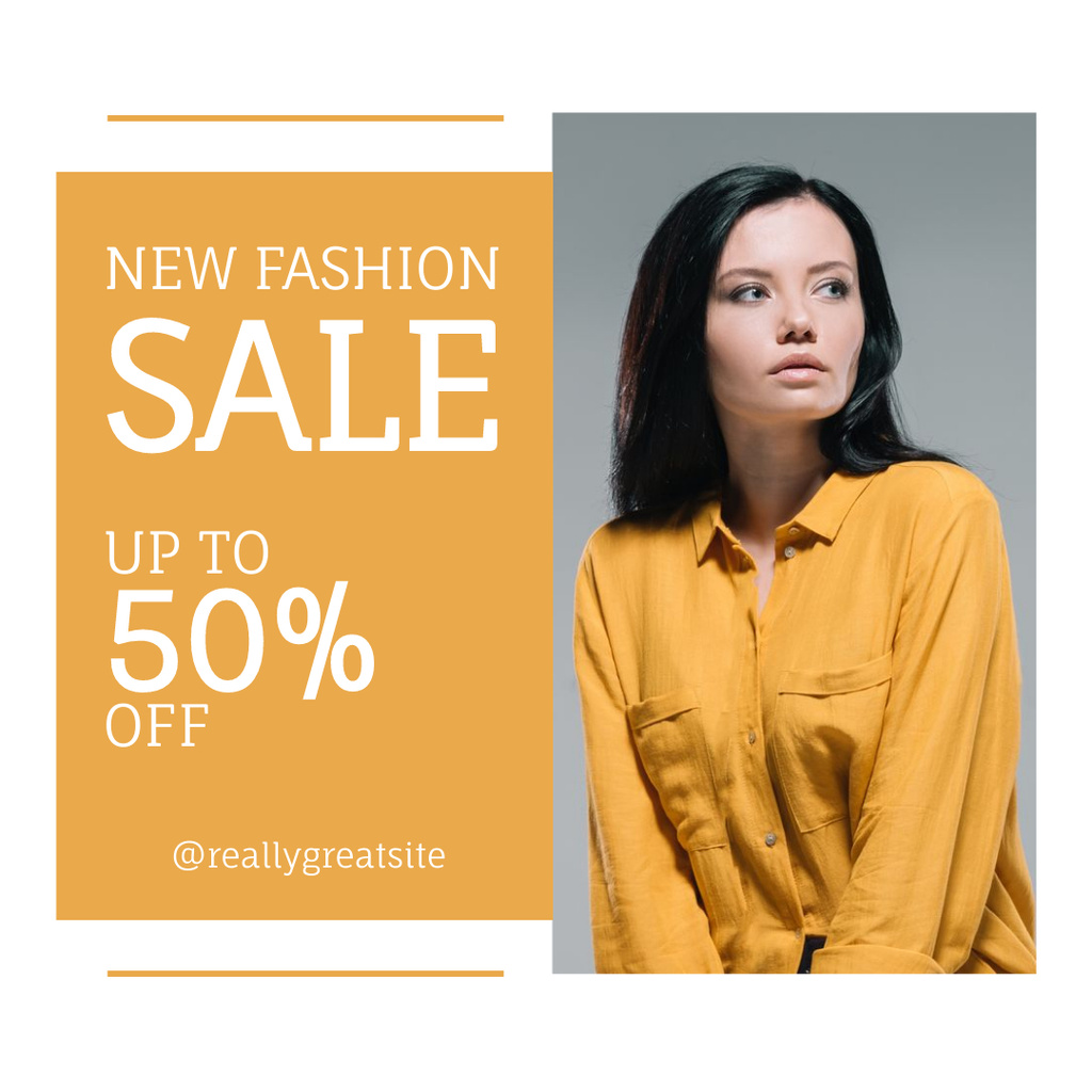 New Fashion Sale Promo with Woman in Yellow Blouse Instagram Tasarım Şablonu