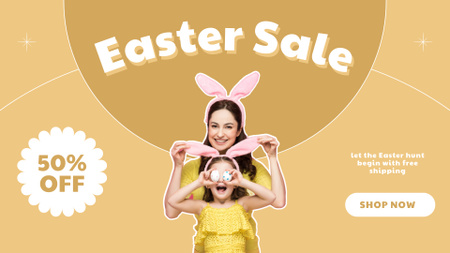 Modèle de visuel Annonce de vente de Pâques avec un enfant et une mère amusants dans des oreilles de lapin - FB event cover