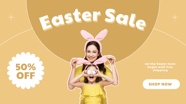 Ontwerpsjabloon van FB event cover van Easter Sale Ad with Fun Child and Mother in Rabbit Ears