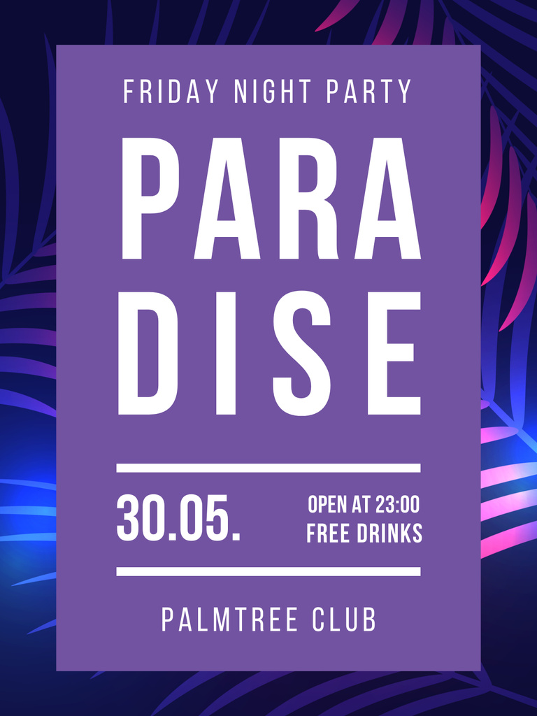 Night Party invitation on Tropical Palm Trees Poster US Design Template