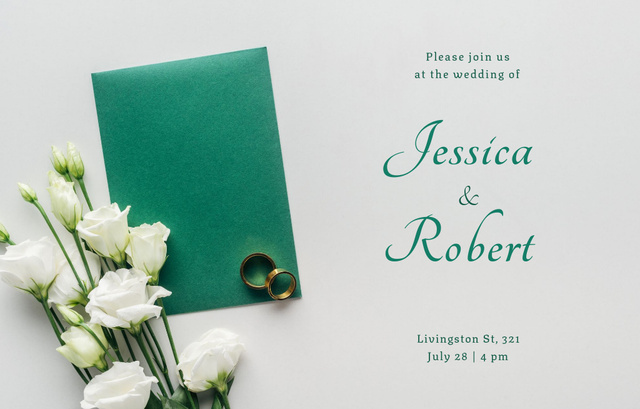 Plantilla de diseño de Wedding Announcement With Engagement Rings on Green Invitation 4.6x7.2in Horizontal 