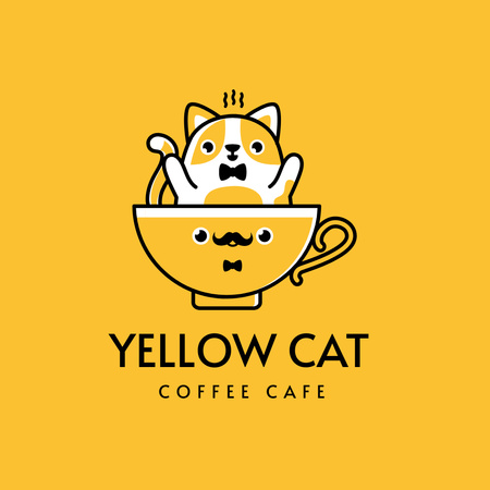 anúncio de loja de café com copo e gato amarelo Logo Modelo de Design