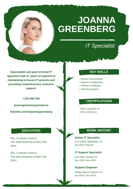 Template di design Work Experience of IT Specialist on White and Green Resume